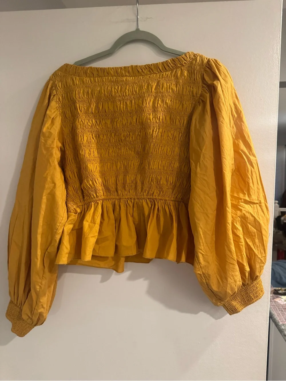 Free People Mustard Smocked Peplum Blouse Women's Size Large Boho cottagecore